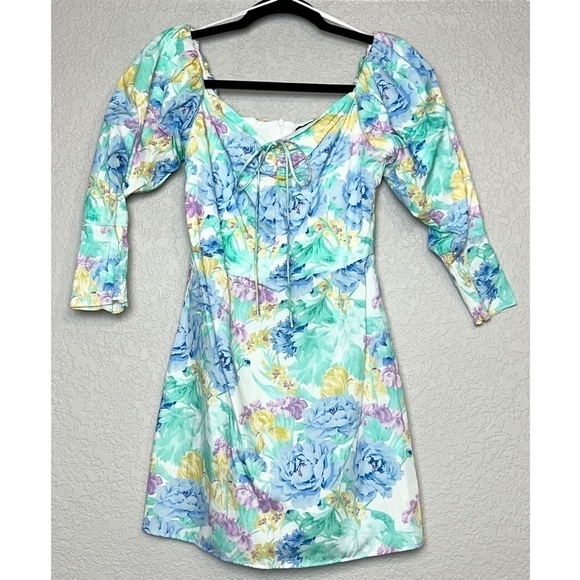 NEW ZARA Floral Off Shoulder Sweetheart Neck‎ Puff Short Sleeve Cotton Dress XS - Picture 4 of 10